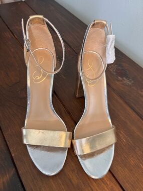 Sam Edelman Yaro Metallic Gold Ankle-Strap Block Heels SZ 8 Coquette Balletcore
